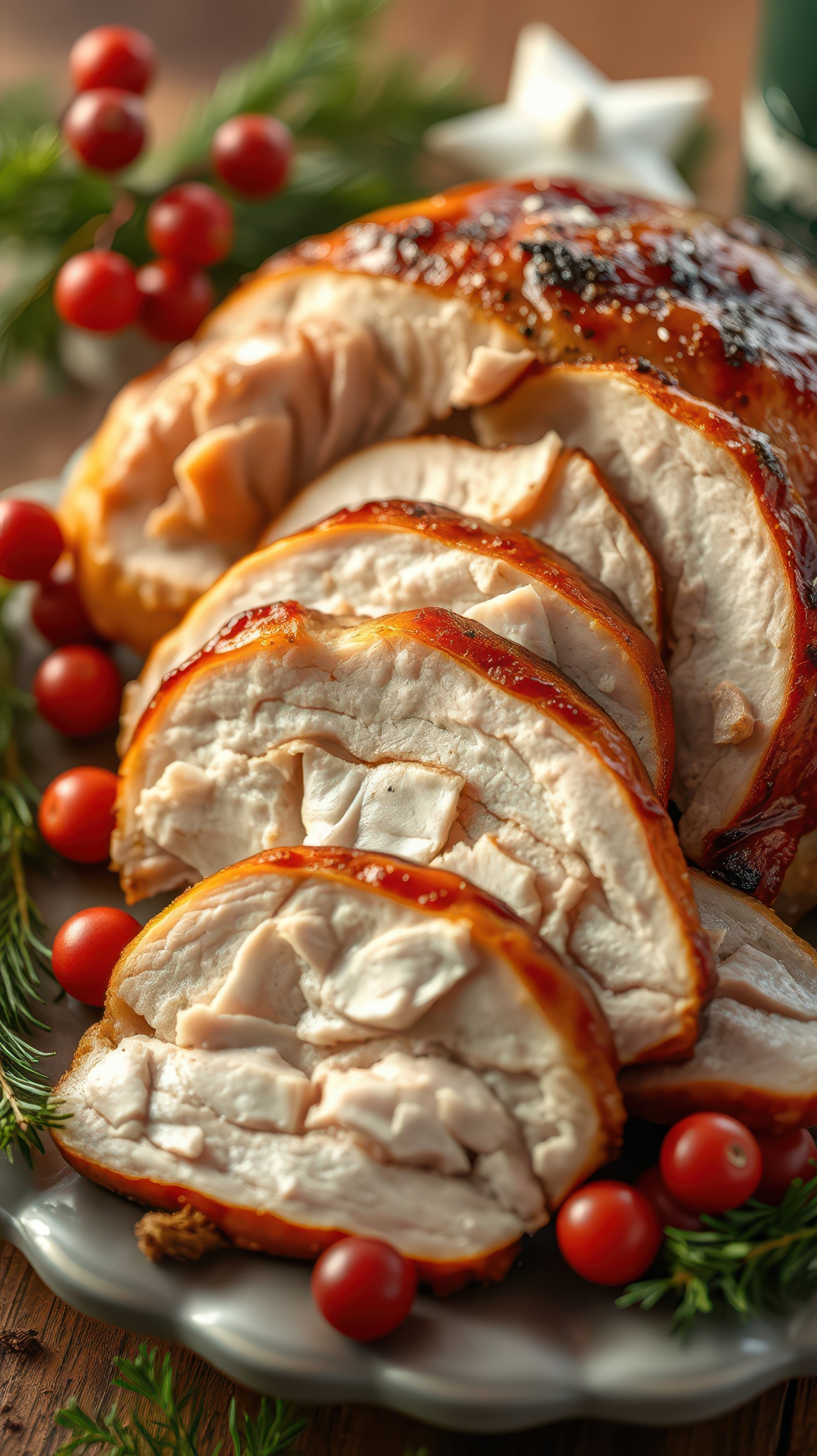 A close-up of a sliced turkey breast, glistening with a sweet glaze, rests on a gray plate surrounded by festive greenery and red cherry tomatoes